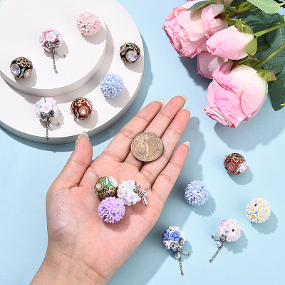5Pcs Luminous Glow in the Dark Polymer Clay Pave Rhinestone Round Beads with Resin Flower CLAY-YW0002-48-1