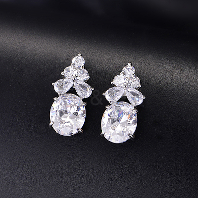 Brass Pave Cubic Zirconia Oval with Flower Stud Earrings for Women ML2840-4-1