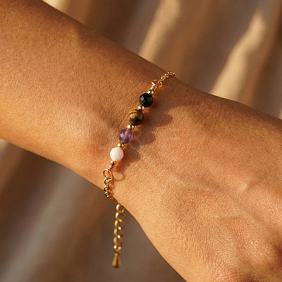 Faceted Round Natural Black Onyx(Dyed & Heated) & Tiger Eye & Amethyst & Shell Beaded Bracelets with Stainless Steel Cable Chains NW1316-1
