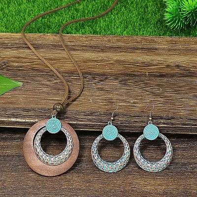 Bohemian Alloy & Wood Pendant Necklaces & Dangle Earrings Sets WG8FC17-03-1