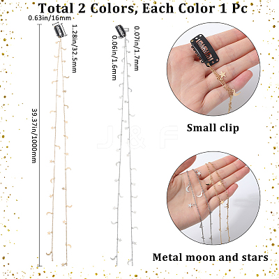 2Pcs 2 Colors Metal Hair Chain with Moon & Star Charms and Iron Hair Combs Clips OHAR-GF0001-35-1
