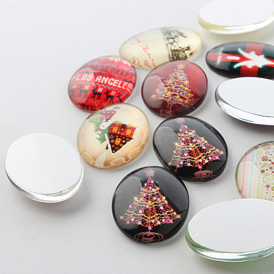 Festival Christmas Theme Xmas Ornaments Decorations Glass Oval Flatback Cabochons GGLA-A003-18x25-KK-1