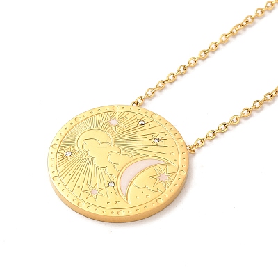 304 Stainless Steel Flat Round Pandant Necklace for Women NJEW-O126-01G-02-1