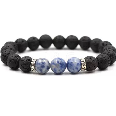 8MM Round Natural Blue Spot Jasper and Natural Lava Rock Beaded Stretch Bracelets for Couples BW4110-11-1