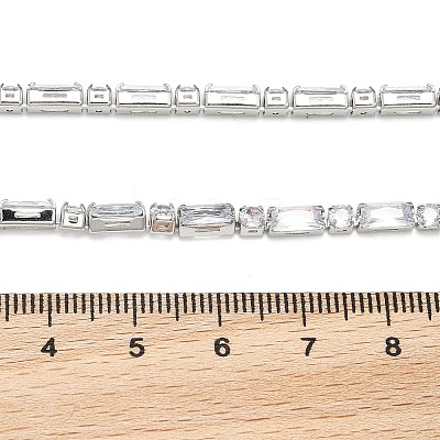 Brass Pave Clear Cubic Zirconia Rectangle & Flat Round Link Bracelets BJEW-YWC0002-02A-1