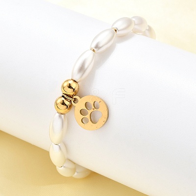 304 Stainless Steel Flat Round with Paw Print Charm Bracelets for Women BJEW-C098-11G-1