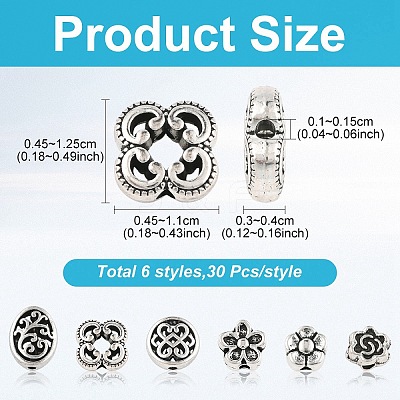 180Pcs 6 Styles Alloy Beads FIND-YW0010-61-1