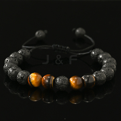 Natural Lave Rock & Tiger Eye Round Beads Braided Bead Bracelets AW3107-1-1