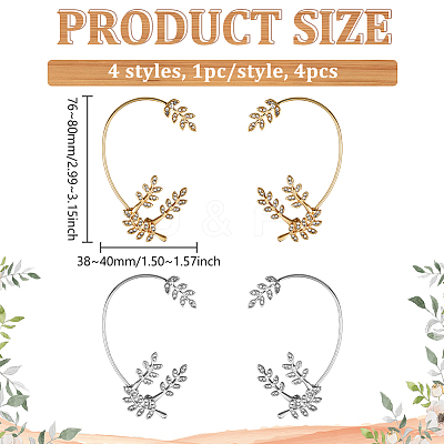 4Pcs 4 Styles Leaf Alloy Rhinestone Cuff Earrings EJEW-GO0002-28-1
