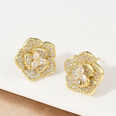 Flower Brass Micro Pave Clear Cubic Zirconia Stud Earrings EJEW-M082-19G-1