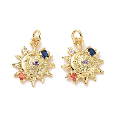 Sun with Moon Brass Micro Pave Colorful Cubic Zirconia Pendants X-KK-G406-37G-1