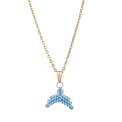 MIYUKI Delica Beads Beaded Mermaid Tail Pendant 304 Stainless Steel Cable Chain Necklaces for Women NJEW-MZ00130-03-1