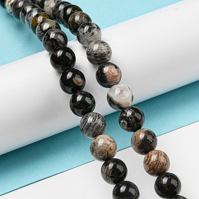Natural Black Silver Leaf Jasper Beads Strands G-R494-A17-03-1