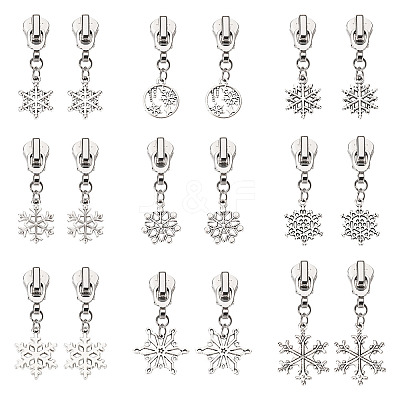 18Pcs 9 Styles Alloy Replacement Zipper Head with Snowflake Tibetan Style Alloy Pendants PALLOY-TAC0158-1