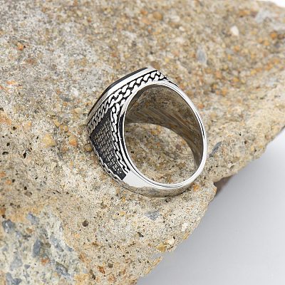 304 Stainless Steel with Natural Black Agate Finger Rings FS-WG67565-01-1