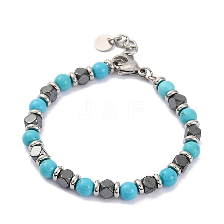 Synthetic Turquoise & Magnetic Synthetic Hematite Round Beaded Bracelet BJEW-P339-02P-10-1