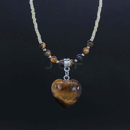 Natural Gemstone Heart Pendant Colorful Glass Seed Beads Beaded Necklaces for Women VA8487-4-1