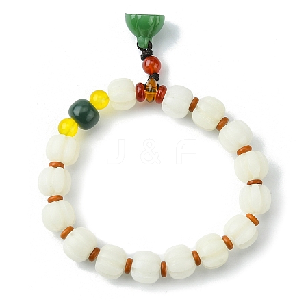 Dyed Natural Topaz Jade & Bodhi Wood Beaded Stretch Bracelet with Lotus Charms for Women BJEW-R310-02-1