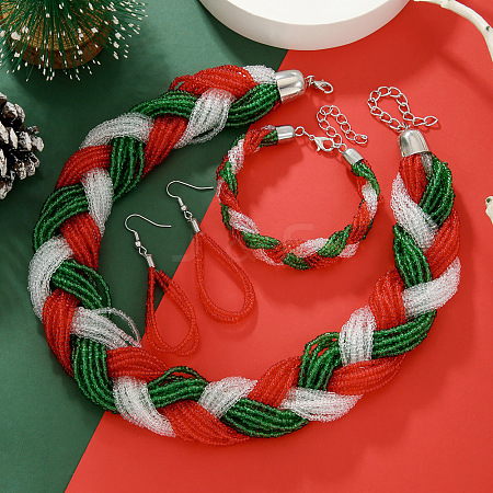 Christmas Glass Seed Beaded Multilayer Necklaces & Teardrop Dangle Earrings & Bracelets Sets WG44FFB-02-1