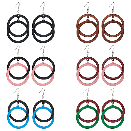 FIBLOOM 6 Pairs 6 Colors Wood Double Ring Dangle Earrings with Iron Pins for Women EJEW-FI0002-38-1