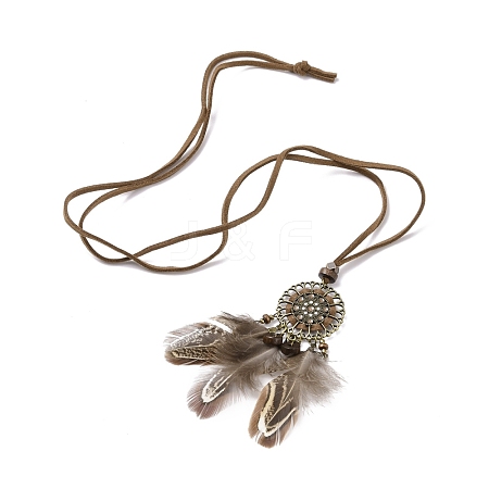 Alloy Woven Net with Feather Pendant Necklace with Wood Beads NJEW-P261-01AB-1