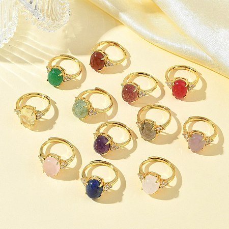 Brass Micro Pave Cubic Zirconia with Natural & Synthetic Gemstone Cuff Open Rings RJEW-T035-01G-M-1