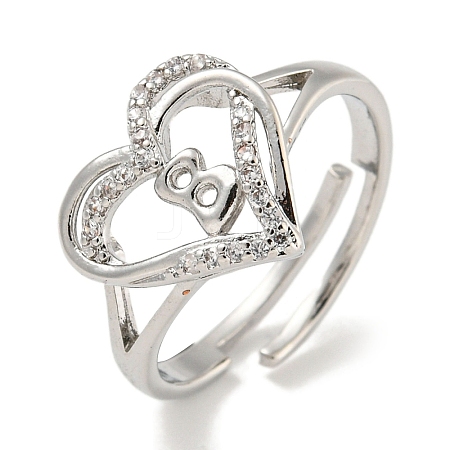 Heart with Letter Rack Plating Brass Micro Pave Clear Cubic Zirconia Adjustable Rings for Women RJEW-I105-01P-B-1