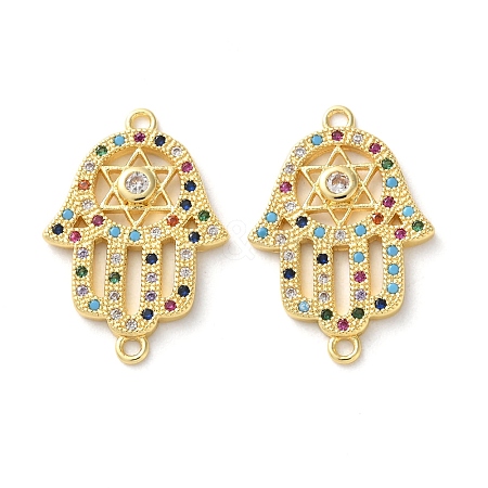 Rack Plating Brass Colorful Cubic Zirconia Religion Hamsa Hand Connector Charm KK-C084-19G-1