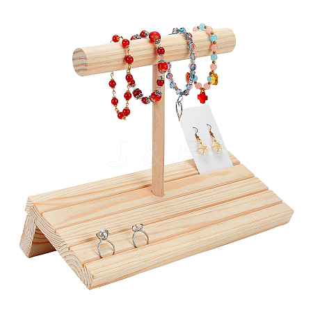 Wooden T-Bar Jewelry Display Stands with 4-Slot Slant Back Organizer Holder Tray ODIS-WH0030-30-1