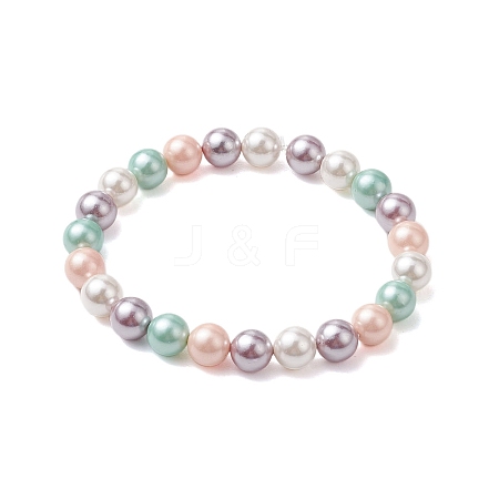 8mm Round Polished Shell Pearl Stretch Bracelets BJEW-JB10878-01-1