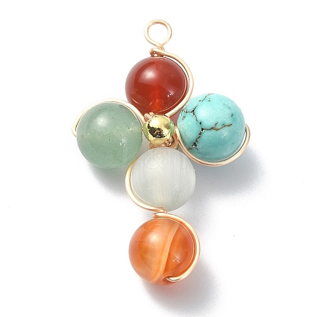 Mixed Gemstone Round Copper Wire Wrapped Pendants X-PALLOY-TA00042-1