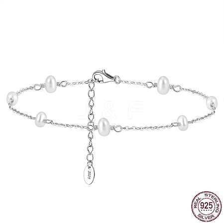 Rhodium Plated 925 Sterling Silver Cable Chain Anklet with Oval Natural Freshwater Pearls for Women AJEW-F162-003P-1