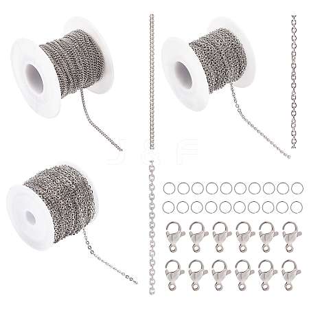 30m 3 Style 304 Stainless Steel Cable & Curb Chains for DIY Chain Necklace Making Kit CHS-BC0001-12-1