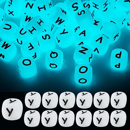 20Pcs Luminous Cube Letter Silicone Beads 12x12x12mm Square Dice Alphabet Beads with 2mm Hole Spacer Loose Letter Beads for Bracelet Necklace Jewelry Making JX437Y-1
