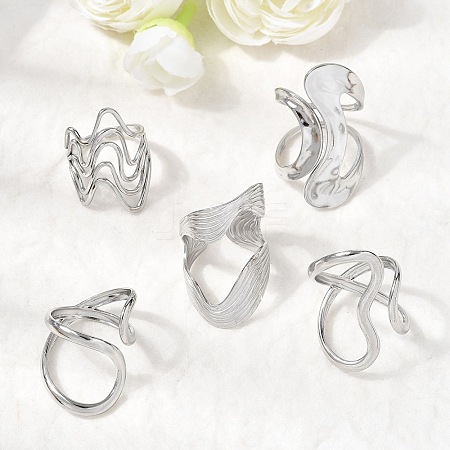 5Pcs 304 Stainless Steel Open Cuff Rings for Women RJEW-K313-07P-1