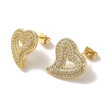 Rack Plating Heart Brass Micro Pave Cubic Zirconia Stud Earrings for Women EJEW-P272-11G-1