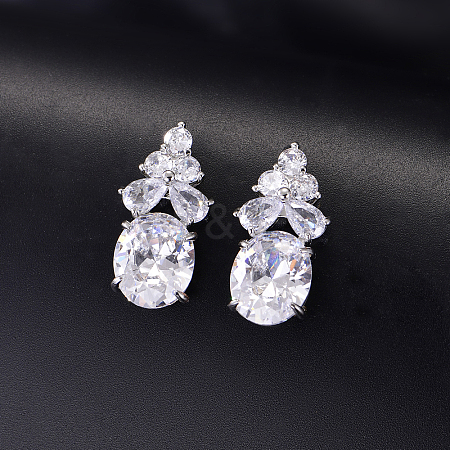Brass Pave Cubic Zirconia Oval with Flower Stud Earrings for Women ML2840-4-1