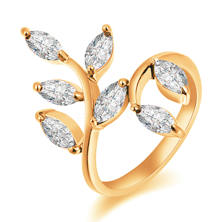 Real 18K Gold Plated Brass Olive Branch Cubic Zirconia Rings RJEW-EE0001-093G-E-1