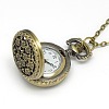 Alloy Flat Round with Flower Pendant Necklace Pocket Watch X-WACH-N011-56-4