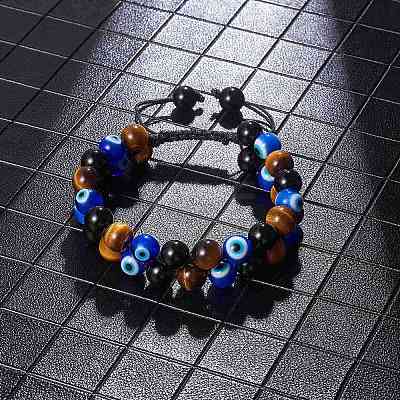 Natural Obsidian & Tiger Eye & Evil Eye Lampwork Braided Bead Bracelet BJEW-SW00001-20-1