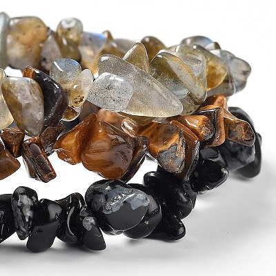 Chips Natural Labradorite & Snowflake Obsidian & Tiger Eye Beaded Stretch Bracelets Sets X-BJEW-JB05332-05-1