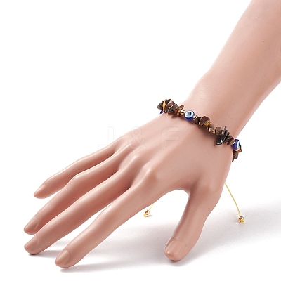 Natural Tiger Eye Chips & Resin Evil Eye Braided Bead Bracelet BJEW-JB08495-02-1