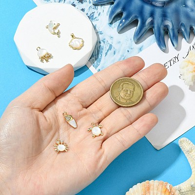 6Pcs 6 Styles Ocean Themeed Brass Pave Natural White Shell Pendants KK-CJ0003-66-1