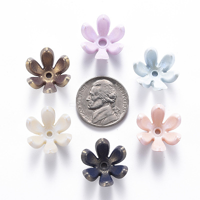 6-Petal Spray Painted Acrylic Bead Caps X-MACR-S373-47J-1