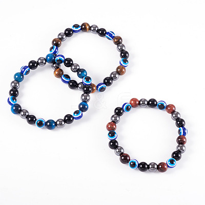 10MM Round Natural Tiger Eye & Obsidian & Evil Eye Bead Stretch Bracelets for Women Men BJEW-TA0001-19-1