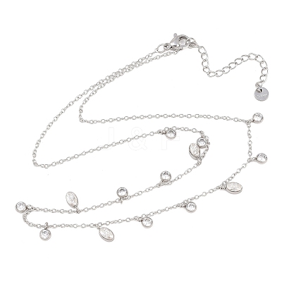 304 Stainless Steel Pave Clear Cubic Zirconia Oval Flat Round Tassel Bib Necklaces for Women NJEW-T020-01P-1