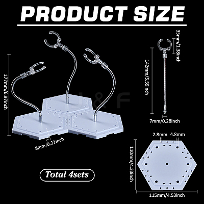Assembled Hexagon Plastic Action Figure Display Stands with Adjustable Alloy Support Arm ODIS-WH0080-11A-1