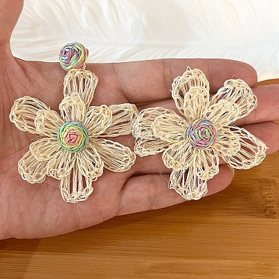 Bohemian Raffia with Linen Stud Dangle Earrings FS-WG91701-03-1