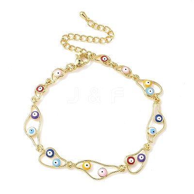 Brass Enamel Flat Round Evil Eye Link Chain Bracelets for Women BJEW-G764-01G-02-1