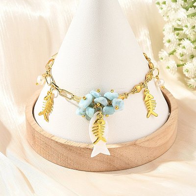 Ocean Alloy Fish Multi-Charm Bracelets with Natural Larimar Chip Beads BJEW-JB14272-1